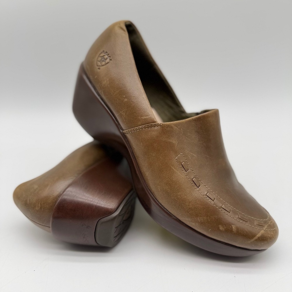 Ariat Womens 7.5 Brown Leather Wedge Clogs ATS Slip On Shoes 21162